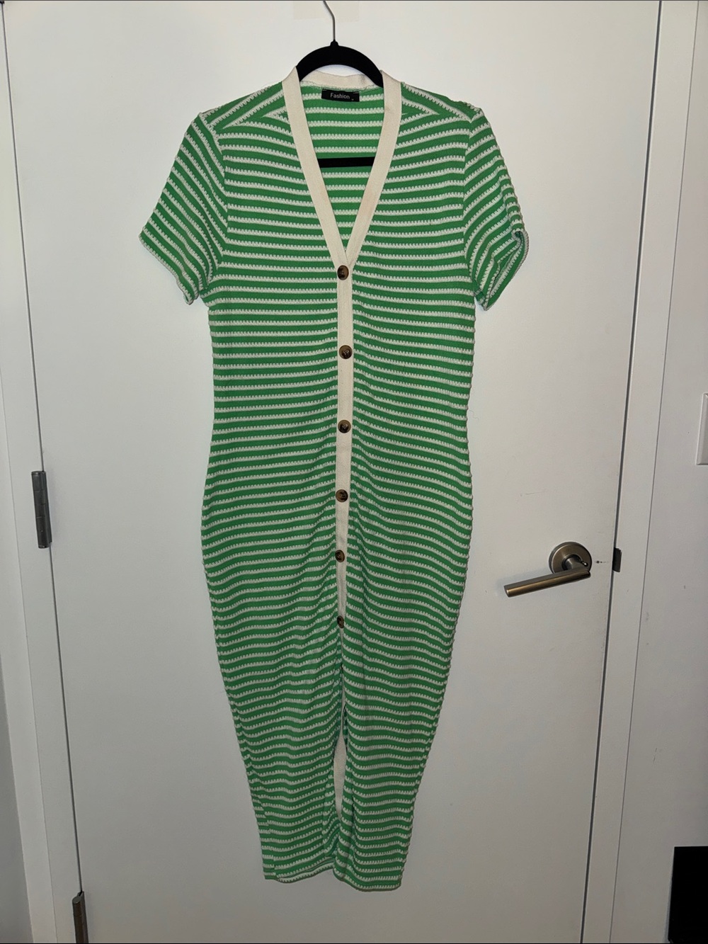 Kids Green & White Striped One-Piece Button Jumpsuit